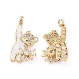 Brass Micro Pave Clear Cubic Zirconia Pendants, with White Shell, Bear with Flower Charms