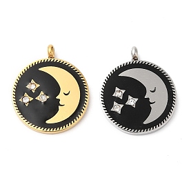 Ion Plating(IP) 304 Stainless Steel Pendants, with Rhinestone, Flat Round with Moon & Star
