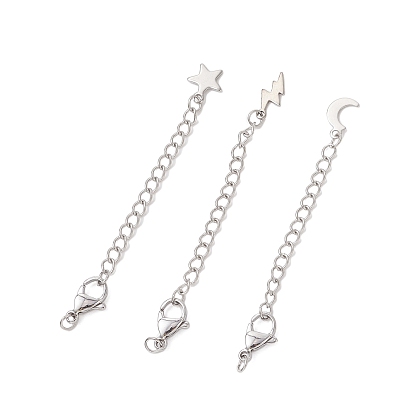3шт 304 удлинители цепи из нержавеющей стали, с латунными прелестями, молния, луна и звезда