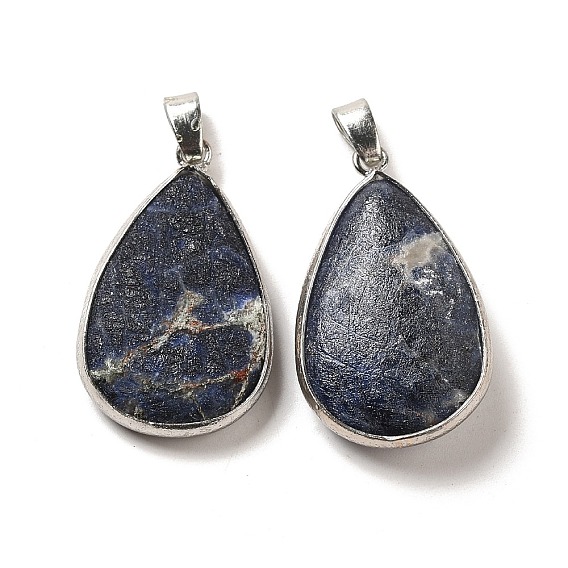 Natural Lapis Lazuli Imitation Blue Goldstone Pendants, Platinum Plated Brass Teardrop Charms with Iron Snap on Bails