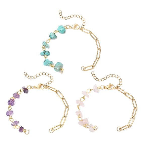 3 шт. 3 стили браслеты из синтетической бирюзы, натурального розового кварца и аметистового бисера с цепочкой, с 304 цепями со скрепками из нержавеющей стали