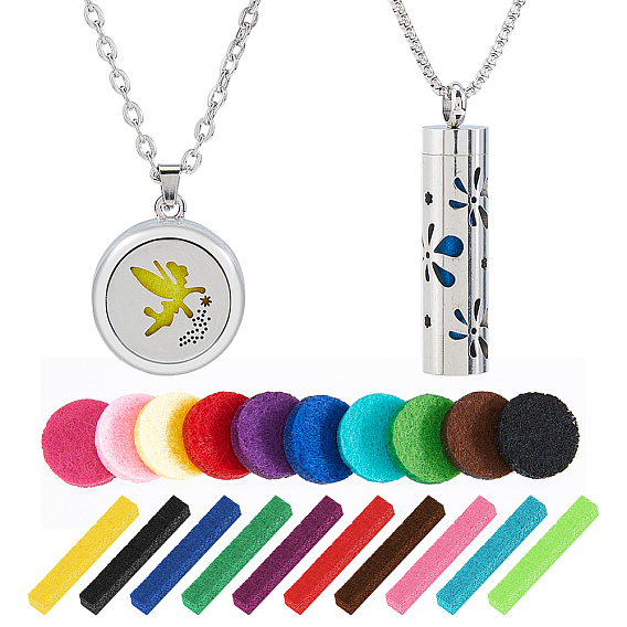 2 шт. 2 стили плоские круглые медальоны из нержавеющей стали с защитой от потускнения, ожерелья из флаконов духов, с 20шт. губчатыми парфюмерными дисками