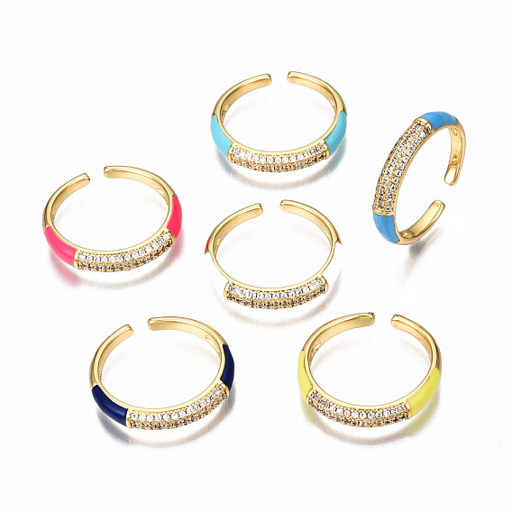 Brass Micro Pave Clear Cubic Zirconia Cuff Rings, Open Rings, with Enamel, Nickel Free, Real 16K Gold Plated
