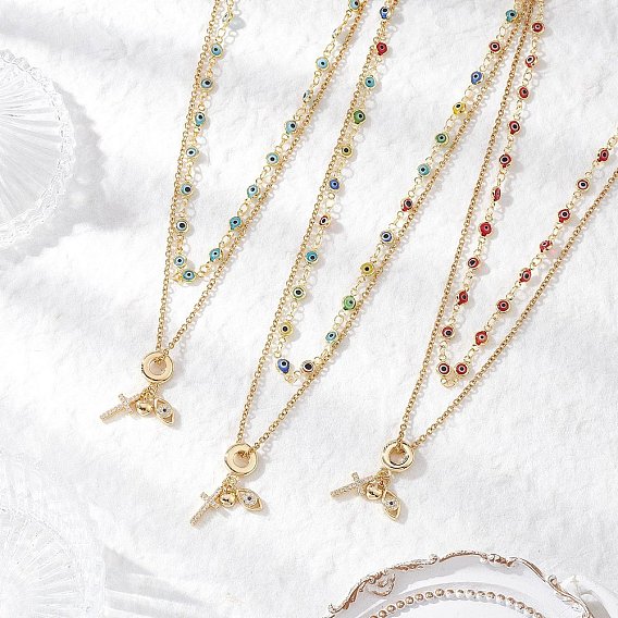 3 шт. 3 стили латунный подвесной светильник с прозрачным кубическим цирконием в форме креста и сердца, сглаз, ручная работа, лэмпворк 304 двухслойные ожерелья из нержавеющей стали для женщин, золотые