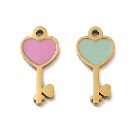 Ion Plating(IP) 316 Stainless Steel Enamel Charms, Heart Key Charm, Real 18K Gold Plated