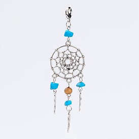 Подвески из сплава , тканая сеть / паутина с пером, с драгоценный камень бисером и латуни омаров коготь застежками, старинное серебро и платина