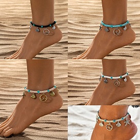 Браслеты на ногу из сплава в форме волны в стиле бохо с подвеской в виде морской звезды, синтетической бирюзы и хлопкового шнура, античное серебро