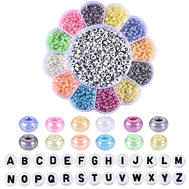 216g 12 couleurs perles de rocaille en verre rondes, 40 g plat rond avec lettres perles acryliques et 2 rouleaux de fil élastique extensible, pour les kits de fabrication de bracelets extensibles bricolage