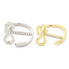 Brass Micro Pave Cubic Zirconia Cuff Rings, Bowknot Open Rings for Women, Long-Lasting Plated