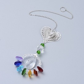 Crystals Chandelier Suncatchers Prisms Chakra Hanging Pendant, with Iron Cable Chains, Glass Beads, Glass Rhinestone and Brass Pendants, Heart with Teardrop