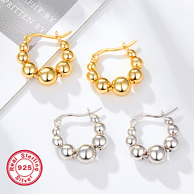 925 Sterling Silver Round Ball Beaded Hoop Earrings, with S925 Stamp