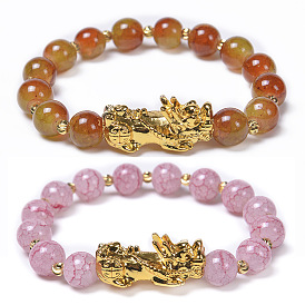Gold-plated Pixiu Couple Bracelet with Jade-like Agate and Crystal Beads