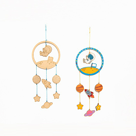 DIY Spaceman Wind Chime Making Kits, Including 1Pc Wood Plates, 1 Card Cotton Thread and 1Pc Plastic Knitting Needles, for Children Painting Craft