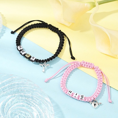 2шт 2 цвета плетеный корейский вощеный полиэстеровый шнур регулируемый парный браслет набор, с подвесками из сплава и акриловыми бусинами, Замок и ключ