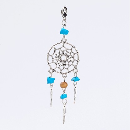 Подвески из сплава , тканая сеть / паутина с пером, с драгоценный камень бисером и латуни омаров коготь застежками, старинное серебро и платина