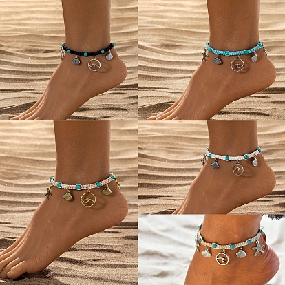 Браслеты на ногу из сплава в форме волны в стиле бохо с подвеской в виде морской звезды, синтетической бирюзы и хлопкового шнура, античное серебро