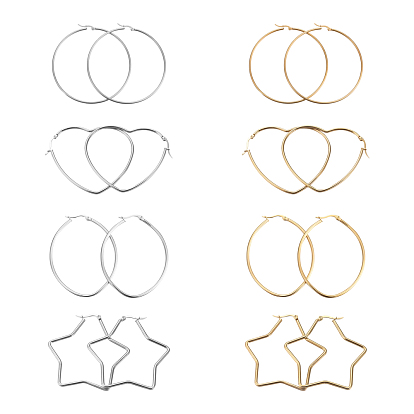 Pendientes de aro de acero inoxidable, pendientes hipoalergénicos, forma de estrella y anillo y ovalada y corazón