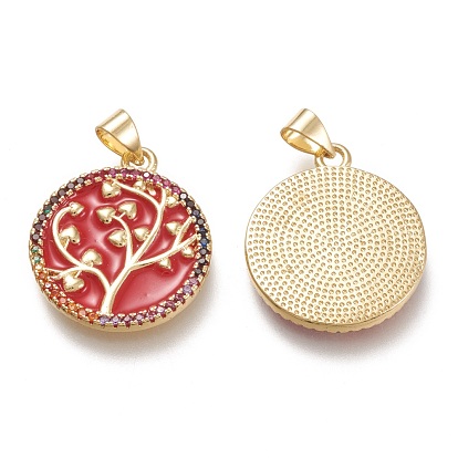 Brass Micro Pave Cubic Zirconia Pendants, with Enamel, Real 18K Gold Plated, Flat Round with Tree