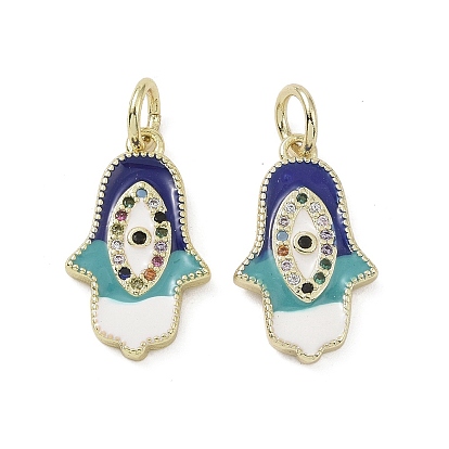 Real 18K Gold Plated Brass Micro Pave Cubic Zirconia Pendants, with Enamel and Jump Ring, Hamsa Hand with Evil Eye Charms