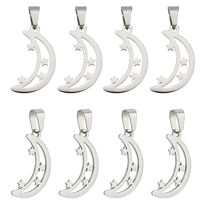 8 pcs 304 pendentifs en acier inoxydable, lune avec étoile