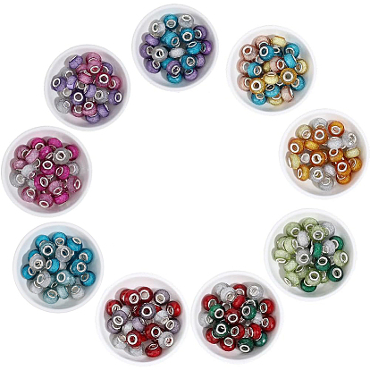 225 piezas 9 colores cuentas europeas de resina facetada, abalorios de grande agujero, Rondelle con núcleos de latón chapados en color plata y polvo brillante