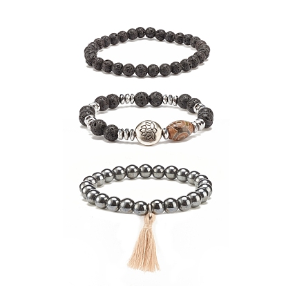 3Pcs 3 Style Mala Bead Bracelets Set, Natural Lava Rock & Agate & Synthetic Hematite Stretch Bracelets with Alloy Lotus Beaded for Women