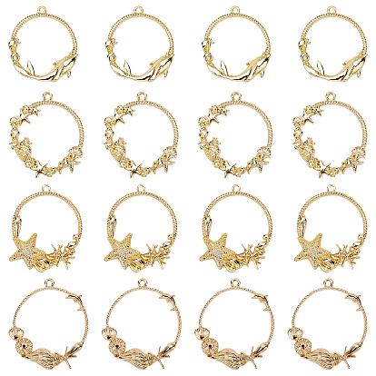 Rack Plating Alloy Open Back Bezel Pendants, For DIY UV Resin, Epoxy Resin, Pressed Flower Jewelry, Flat Round with Shell, Sea Horse, Starfish and Dolphin