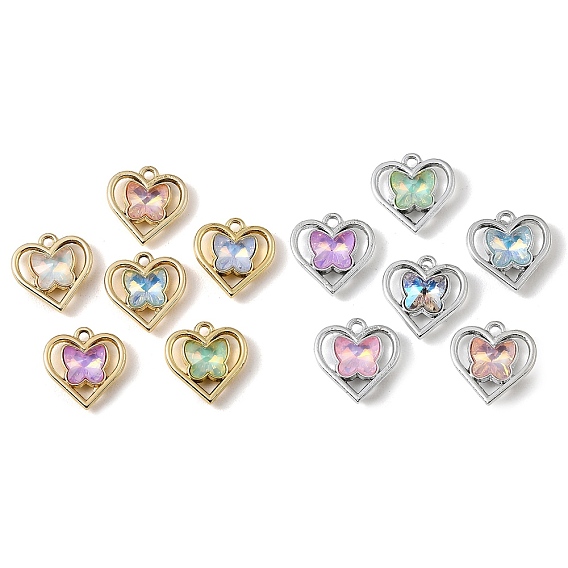 Colgantes de vidrio de aleación de chapado uv, Mariposa en un dije de corazón, facetados, color mezclado