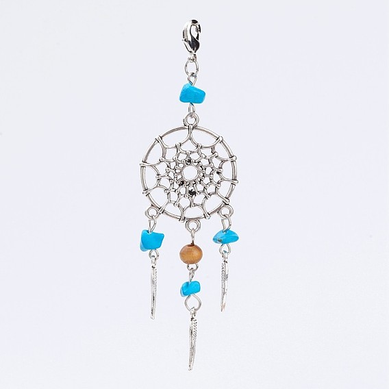 Подвески из сплава , тканая сеть / паутина с пером, с драгоценный камень бисером и латуни омаров коготь застежками, старинное серебро и платина