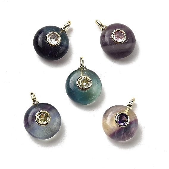 Natural Fluorite Flat Round Pendants, Rock Crystal Charms with Brass Micro Pave Cubic Zirconia Findings, Golden