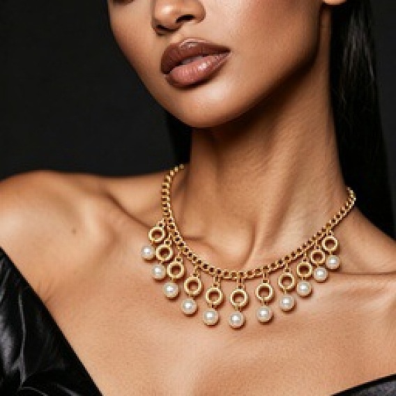 Imitation Pearl Round Ball Tassel Bib Necklaces, Iron Jewelry for Women, White