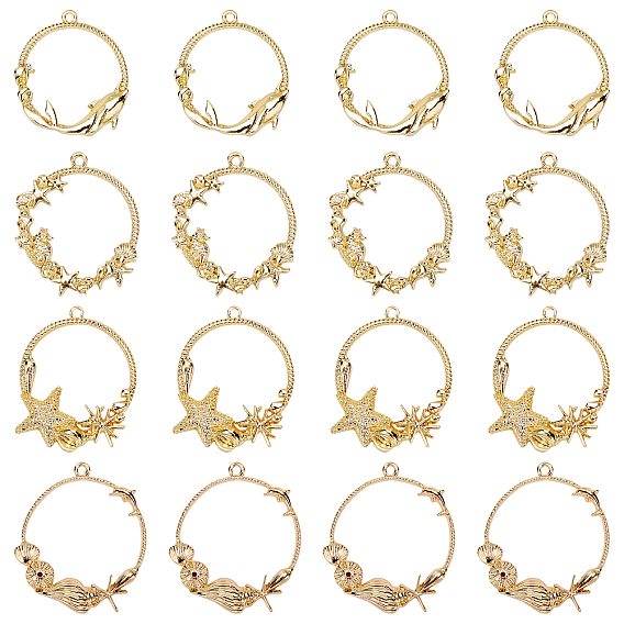 Rack Plating Alloy Open Back Bezel Pendants, For DIY UV Resin, Epoxy Resin, Pressed Flower Jewelry, Flat Round with Shell, Sea Horse, Starfish and Dolphin