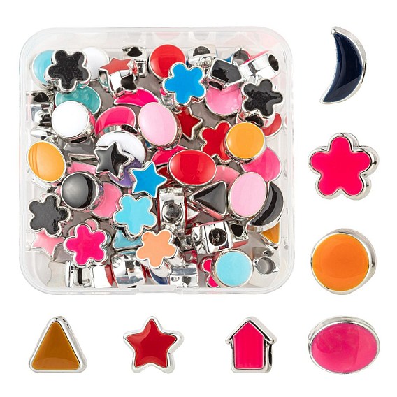 70Pcs 7 Style UV Plating Acrylic European Beads, with Enamel, Large Hole Beads, Flower & Flat Round & Oval & Allow & Star & Moon & Triangle