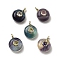 Natural Fluorite Flat Round Pendants, Rock Crystal Charms with Brass Micro Pave Cubic Zirconia Findings, Golden
