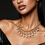 Imitation Pearl Round Ball Tassel Bib Necklaces, Iron Jewelry for Women, White