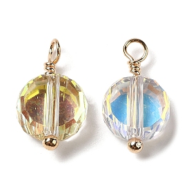 Half Plated Glass Charms, with Real 18K Gold Plated Brass Loop, Faceted Flat Round Charm