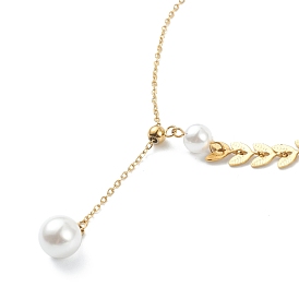 304 Stainless Steel Pendant Necklaces, with Acrylic Imitation Pearl and Cobs Chains, Round Ball, White