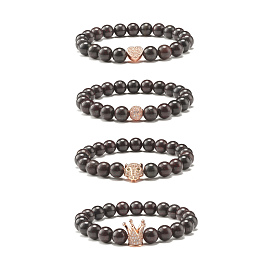 Natural Bloodstone Round Beads Stretch Bracelet, Brass Micro Pave Cubic Zirconia Beads Bracelet for Women, Mixed-shape