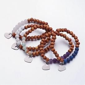 Gemstone Stretch Bracelets, with Wood Beads and 304 Stainless Steel Heart Charms