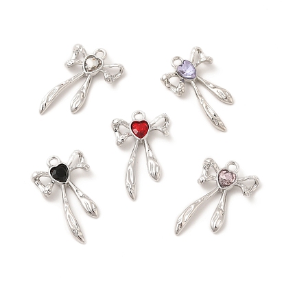 Rack Plating Alloy Glass Pendants, Cadmium Free & Nickel Free & Lead Free, Platinum Tone Bowknot Charms