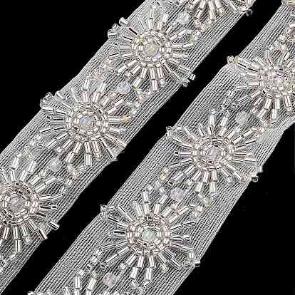 Polyester Flower Lace Trims, with ABS Imitation Pearl Beads and Glass