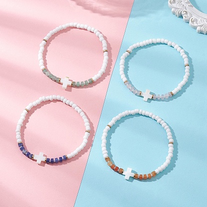 Эластичные браслеты из натуральных драгоценных камней и стеклянного бисера, Украшения из натуральных ракушек для женщин и мужчин, круглый и крест, с немагнитных синтетическими гематита бисера