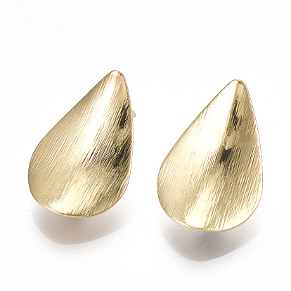 Brass Stud Earring Findings, with Loop, Teardrop, Real 18K Gold Plated