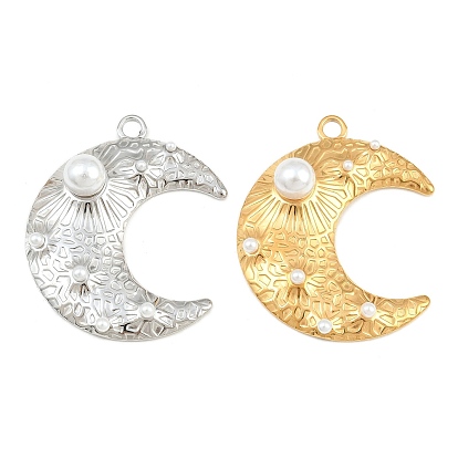 304 Stainless Steel with Plastic Pearl Pendants, Hammered Moon Charms