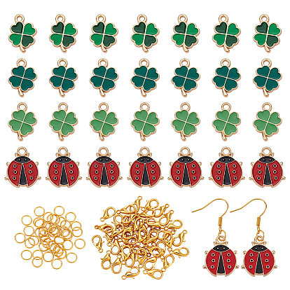 60шт. 4 стили Наборы для изготовления подвесок из эмали с изображением клевера и божьей коровки из сплава, В комплект входят: 40 застежки-карабины из цинкового сплава и 40 соединительные кольца из сплава.