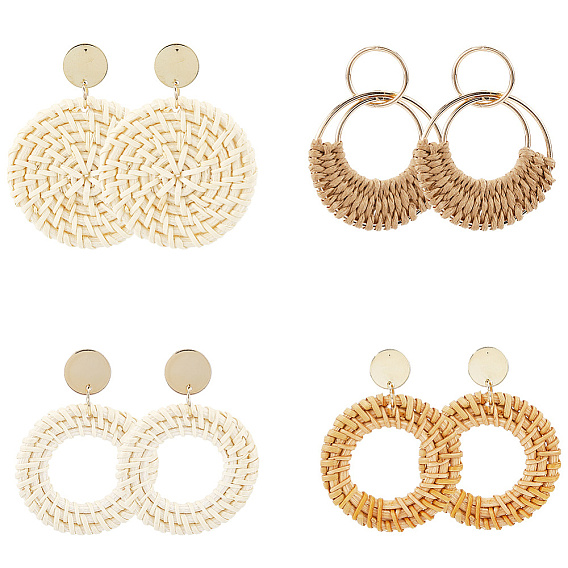 4 пары 4 стили серьги-гвоздики из ротанга, золотые