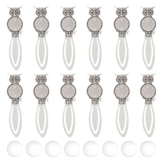 12шт. Сова тибетский стиль сплав закладки кабошон оправы, с круглым подносом и подходит для стразов, без кадмия и без свинца, с 12 стеклянными кабошонами