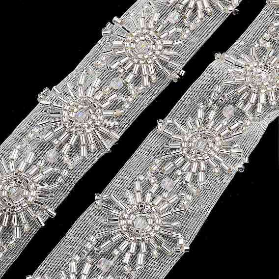 Garnitures de dentelle de fleur de polyester, avec abs perles de perles d'imitation et de verre