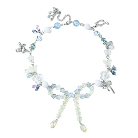 Alloy Bowknot & Dog & Bear Pendant Necklace, Acrylic & Glass Beaded Chains Exquisite Necklace for Women