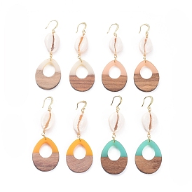 Dangle Earrings, with Resin & Wood Pendants, Cowrie Shell, Golden Plated Brass Earring Hooks, Copper Wire and Cardboard Packing Box, Teardrop
